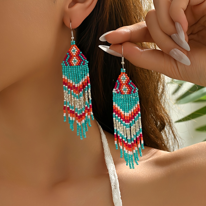 Ethnic-Style Long Geometric Tassel Seed Bead Earrings